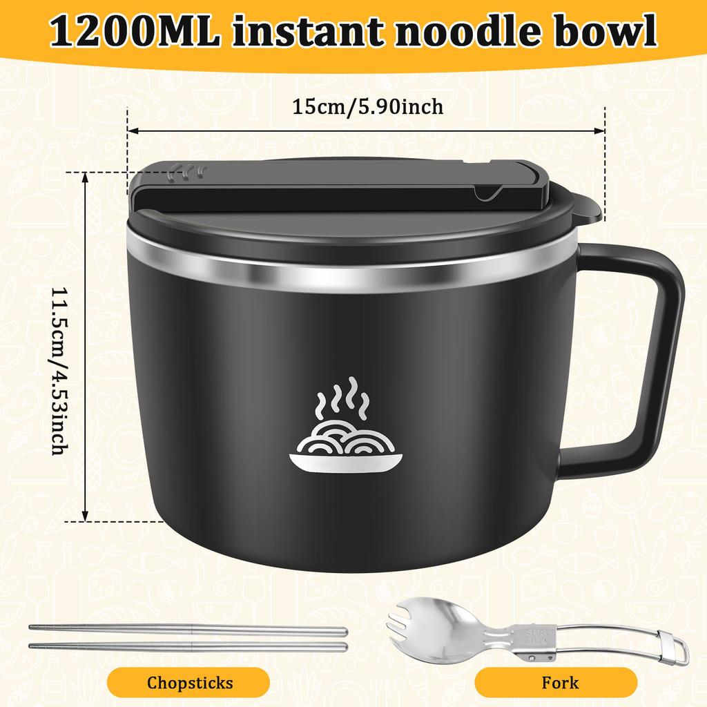 1200ml Ramen Bowl Stainless Steel Bento Box Instant Noodle Bowl with Lid and Tableware for Home Office School Dormitory Lunchbox