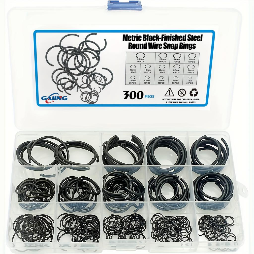 300pcs Metric 7mm To 30mm Round Wire C-Clips Internal Snap Rings Assortment Kit;Round Wire Snap Rings for Hole(Black-Finished Steel)
