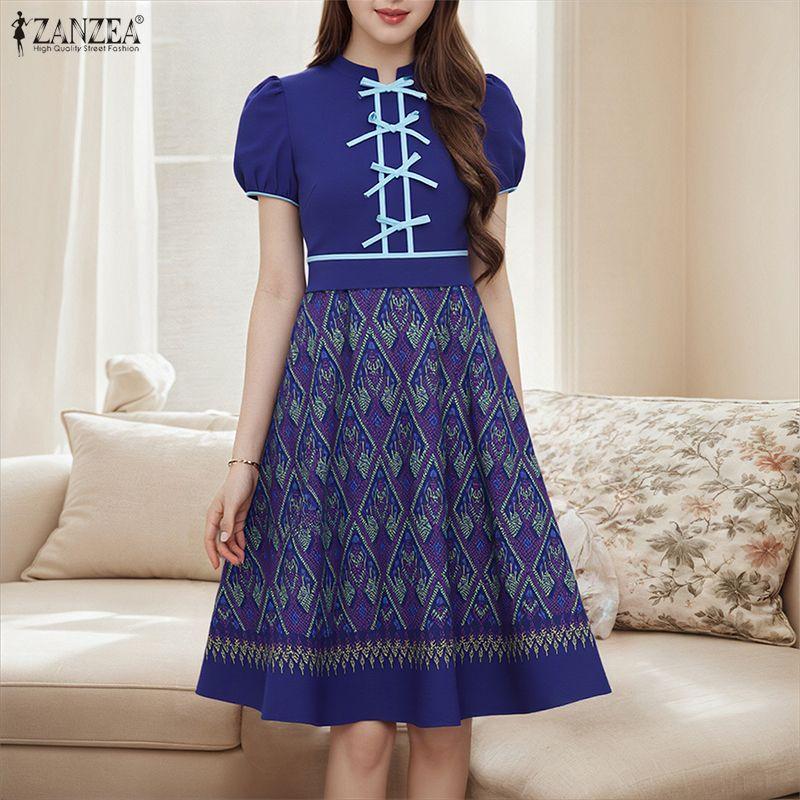 ZANZEA Женское повседневное летнее платье с принтом, воротником-стойкой и короткими рукавами