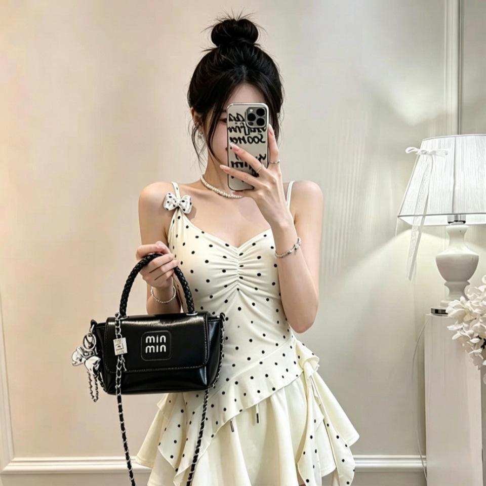 #Летний новый чистый желанный штормовой точечный пэчворк блестящий топ-майка на бретельках облегающий с фиксированной грудной подушкой