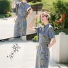 Fashion Chinese Style Denim Skirt Set Women Summer Floral Print Two Piece Outfit with Knot Buttons