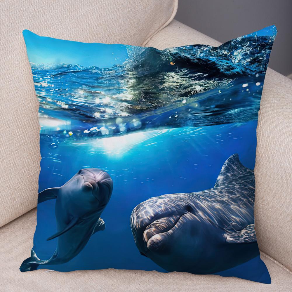 Marine Life Dolphin Cushion Cover Coral Reef Fish Pattern Soft Fabric Study Room Office Home Decor Pillow Case