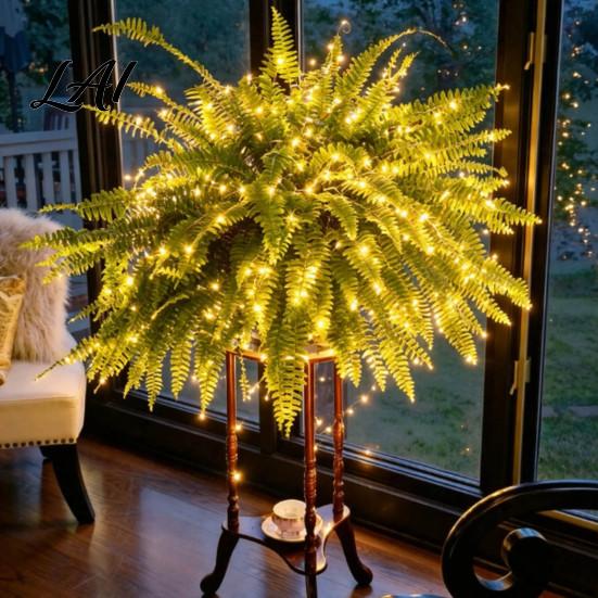 Farmhouse Style Entryway Decor Pre-Lit Artificial LED Lights Warm Ferns with UV Resistant Faux Hanging Plants for Outdoor Patio Front Porch