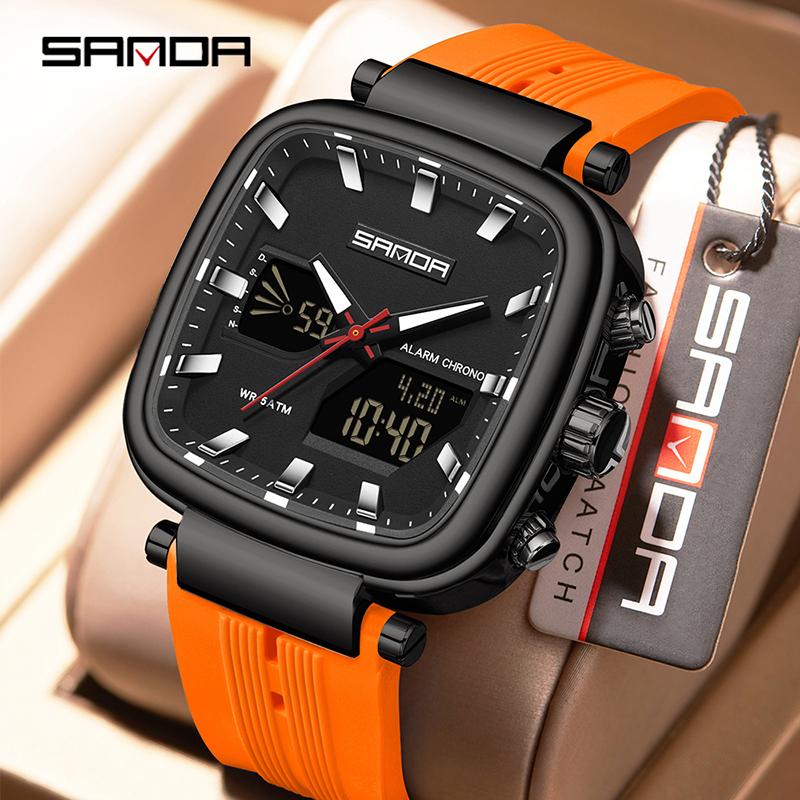 SANDA 6282 Модные Роскошные Мужские Электронные Часы Двойной Дисплей Спортивные Водонепроницаемые Ночная Подсветка Мужские Электронные Часы