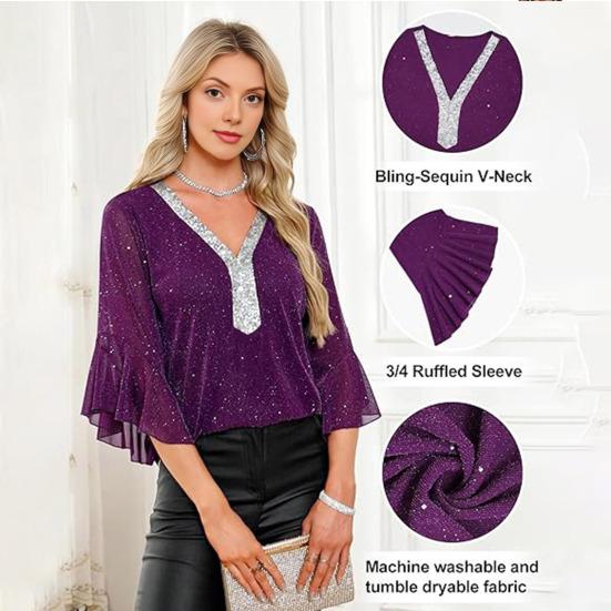 Женские топы с оборками и рукавами 3/4, блестящие, с пайетками, с V-образным вырезом, повседневные блузки, нарядные платья для осени и лета, с блестками, для свадьбы, для бизнеса, рабочие рубашки