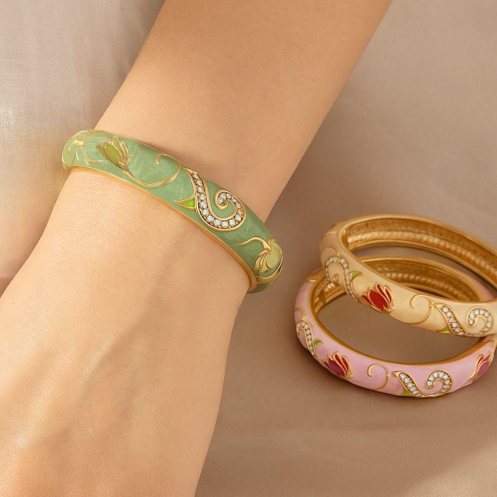 Open Chinese Cloisonne Bracelet Traditional Cheongsam Bracelet Classic Lotus Flower Bangle  Daily