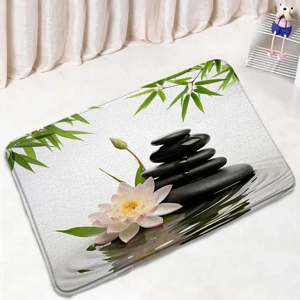 Zen Green Bamboo Bath Mat Set Natural Orchid Flower Black Stone Plant Home Carpet Bathroom Decorative Floor Rug Toilet Lid Cover