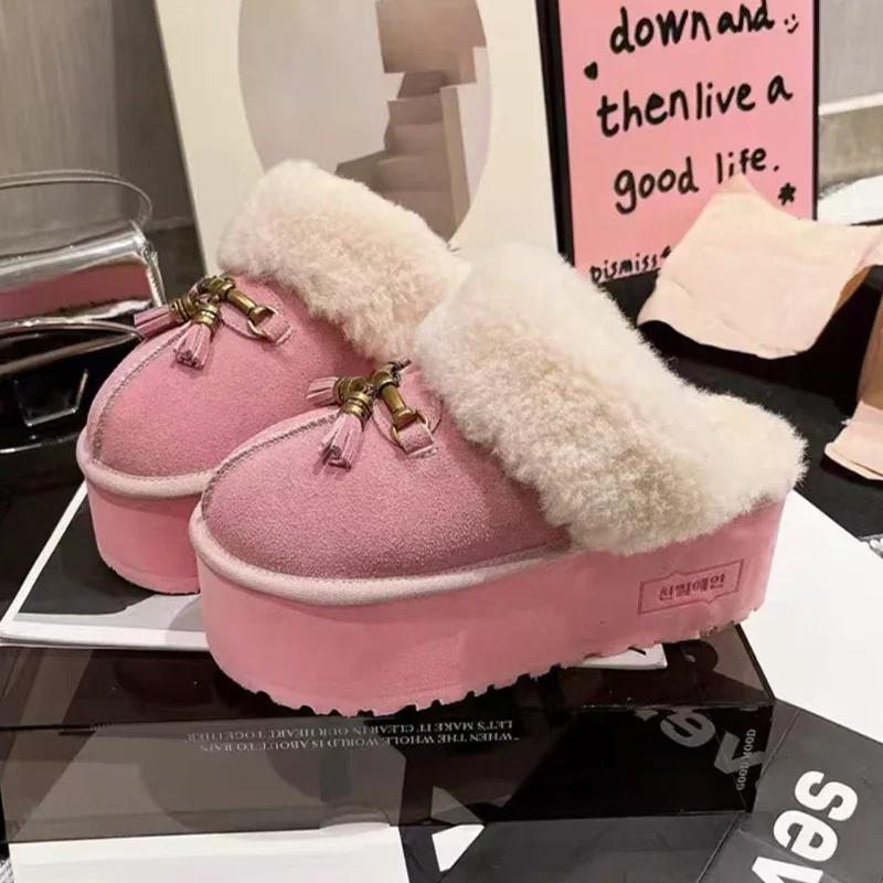 Женские меховые хлопковые тапочки с бахромой, замшевые домашние туфли на платформе, зимние ботинки 2025 года, новые модные теплые туфли на плоской подошве, плюшевые шлепанцы, мюли