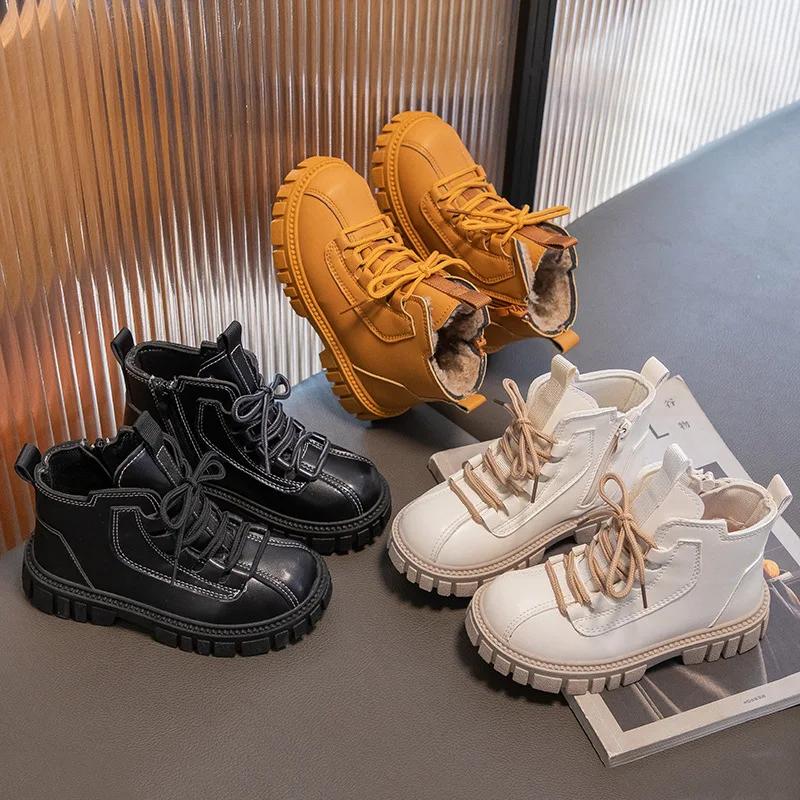 Модные новые детские модные короткие ботинки осенние нескользящие ботинки для мальчиков и девочек британская платформа шнуровка однотонные детские повседневные туфли