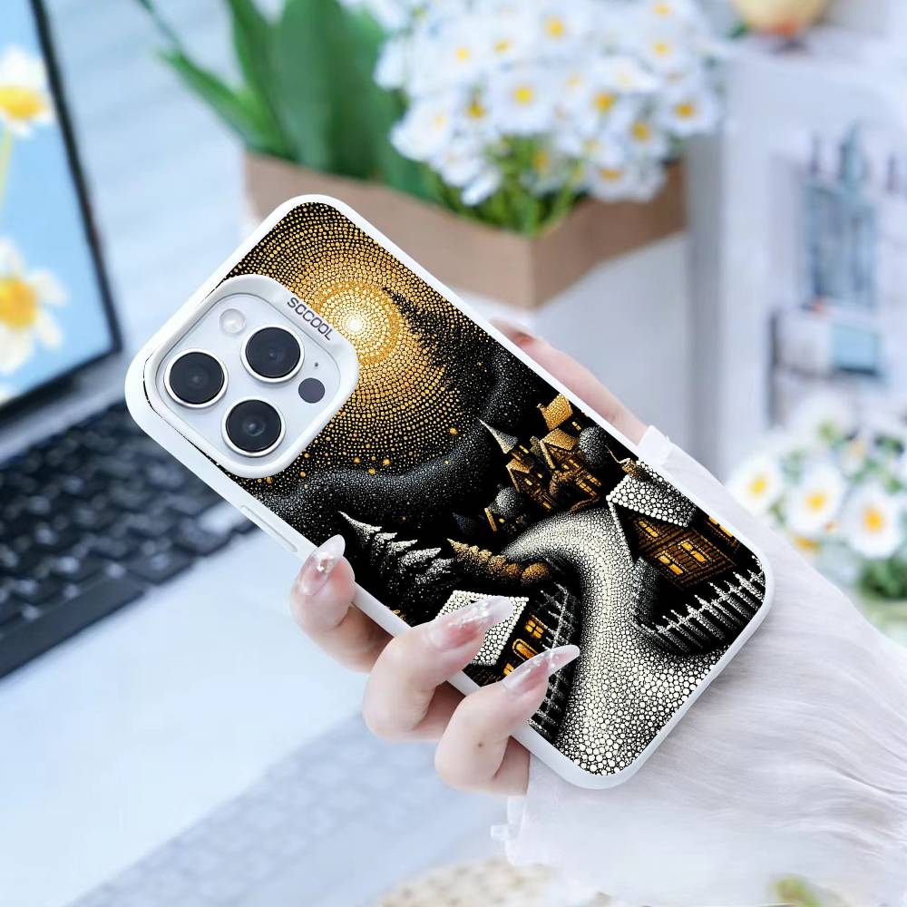 Whimsical landscape Starry Night Phone Case For iPhone17, 16,15,14,13,12 Pro Max Black Candy Matte Shockproof Cover
