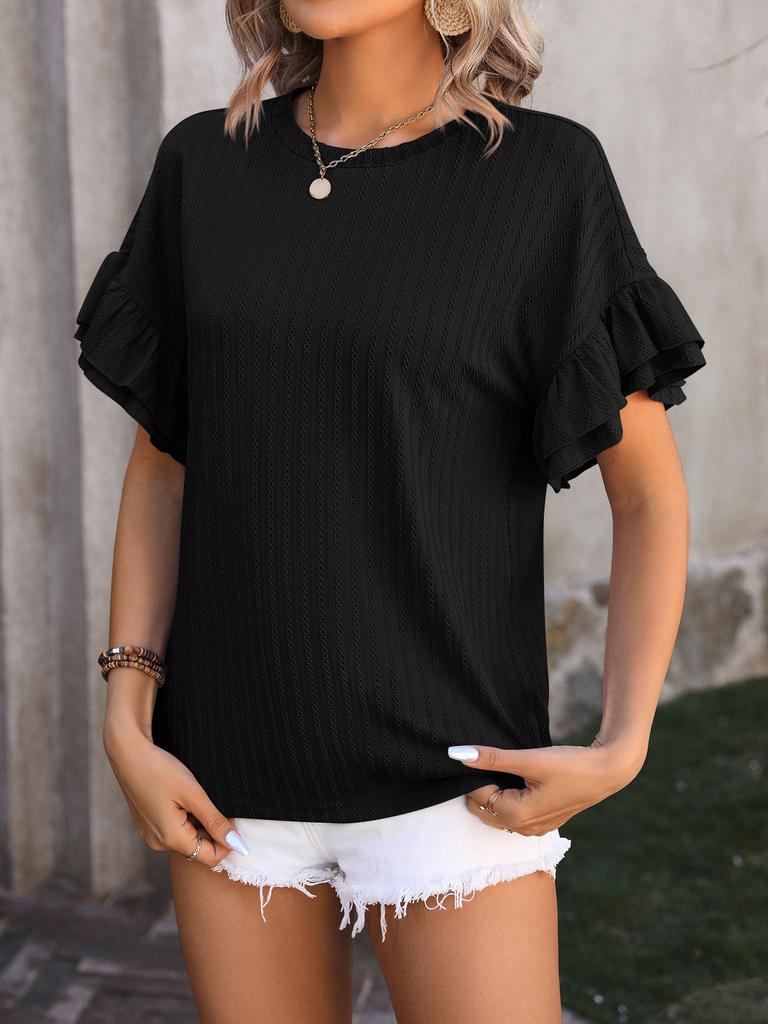 Women's 2025 Solid Color Round Neck Ruffle Sleeve Short Sleeve T-Shirt, Spring Summer Casual Flowy Blouse for Daily & Vacation Wear