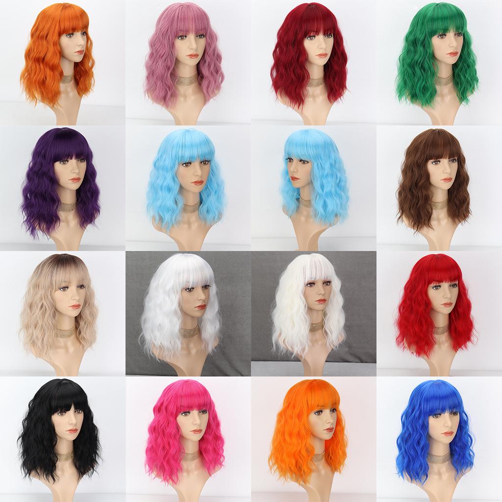 MISS WIG Women Natural Wavy Wig with Bangs Synthetic Fiber Shoulder Length Light Blue Cosplay Daily Wear Blue Wavy Wig