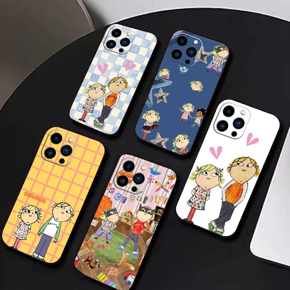 L-Cutting-Fabric Charlie and Lola Cartoon Phone Case For iPhone 17 16 15 14 13 12 Max Plus Silicone Black Cover