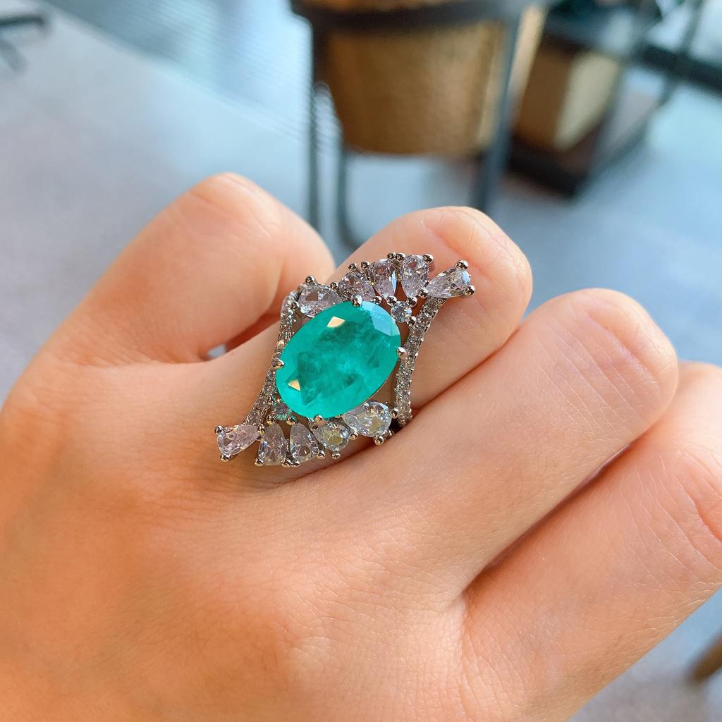 Silver New Fashion Paraiba Emerald Zircon Ring For Women's Party Birthday Jewelry Gift