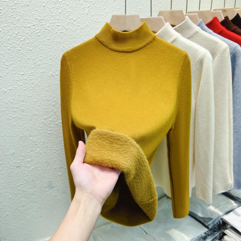 Autumn Warm Velvet Knitted Women's Sweater Casual Winter New Thicken Half High Collar Base Pullover Sweaters Elegant Solid Slim Plush Knitwears 25206