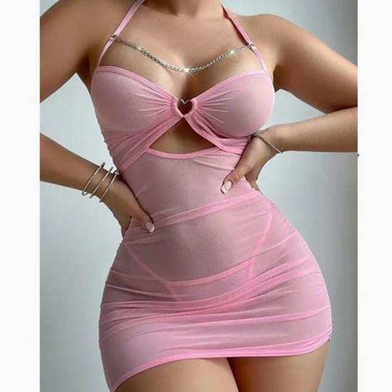 European & American Sexy Mesh See-through Lingerie Nightdress & Thong Set with Chain Accents