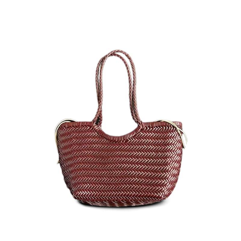 Medium Woven Leather Tote Bag Women French Style Rattan-Inspired Shoulder Casual Travel Handbag