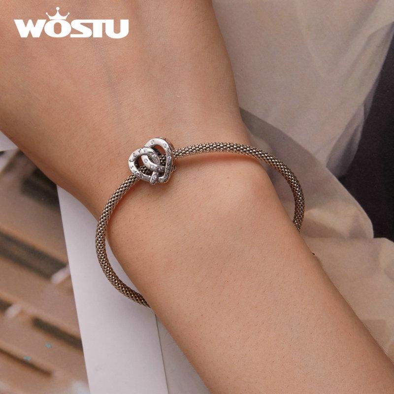 WOSTU 925 Sterling Silver Cubic Zirconia Sister Heart Bead Charms for Women Necklace and Bracelet DIY Jewelry