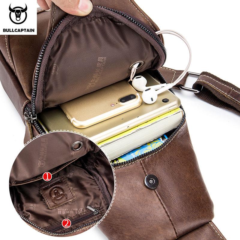 BULLCAPTAIN Leather Messenger Bags Men's Casual Bag for Men Chest Bag Brand Designer Multi-function Headphone Jack Chest Pack