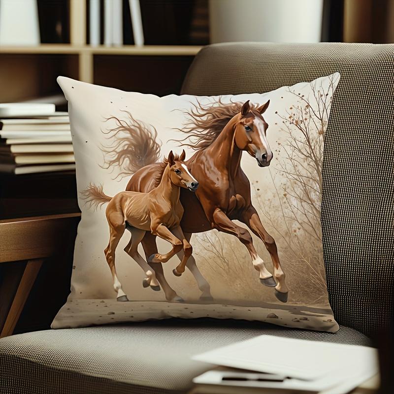 Majestic Brown Horse & Pony Running Print Square Pillowcase Soft Polyester Machine Washable Cushion Cover For Home Office Sofa B
