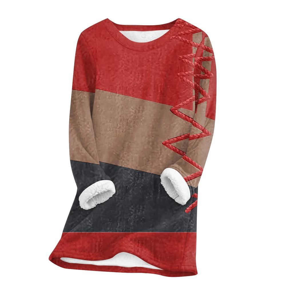 Женский топ с круглым вырезом, с принтом, утолщенный плюшевый кашемировый теплый длинный топ с длинными рукавами