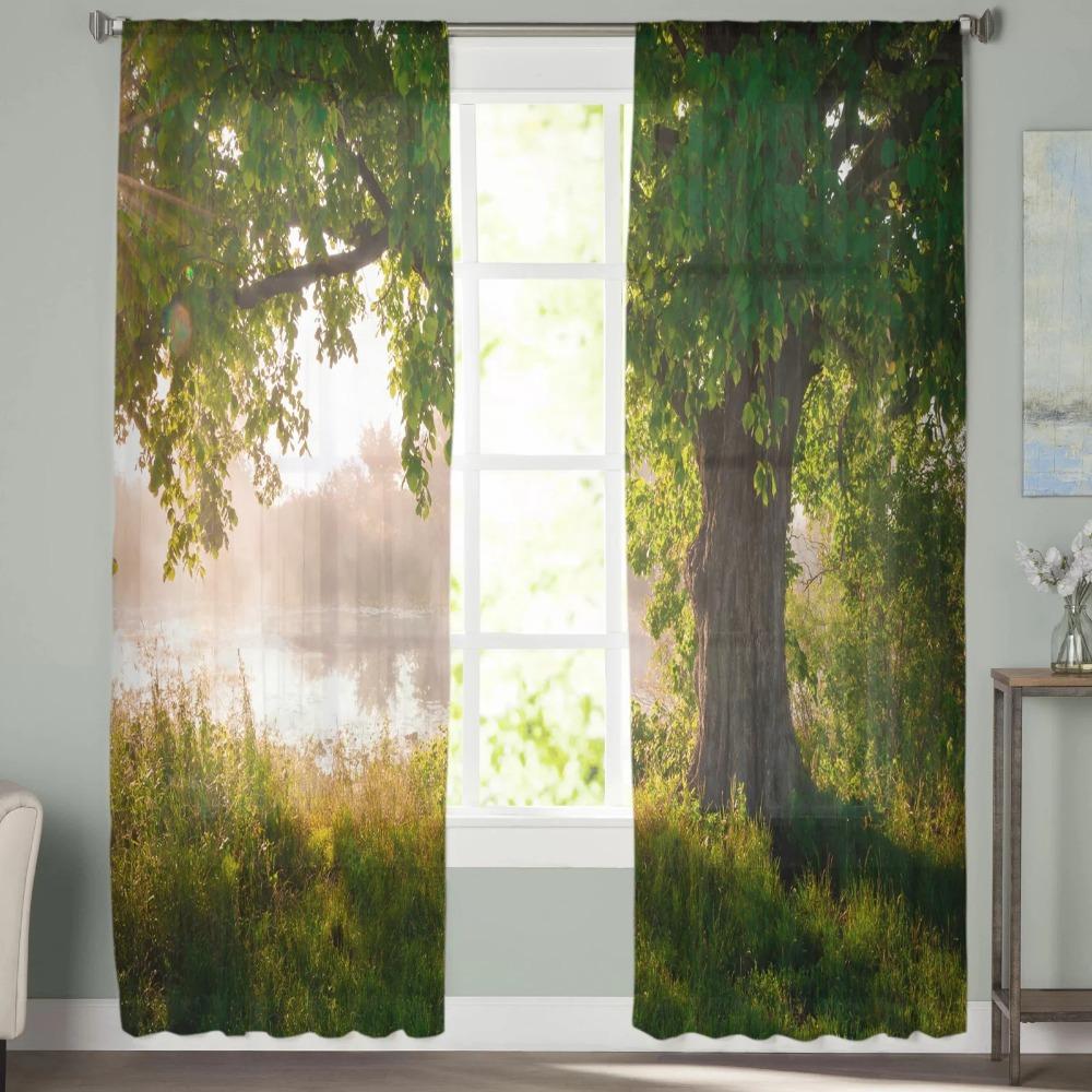 Arbor Tree Lake Landscape Sheer Voile Curtain For Living Room Transparent Tulle Window Curtains For Bedroom Accessories Decor