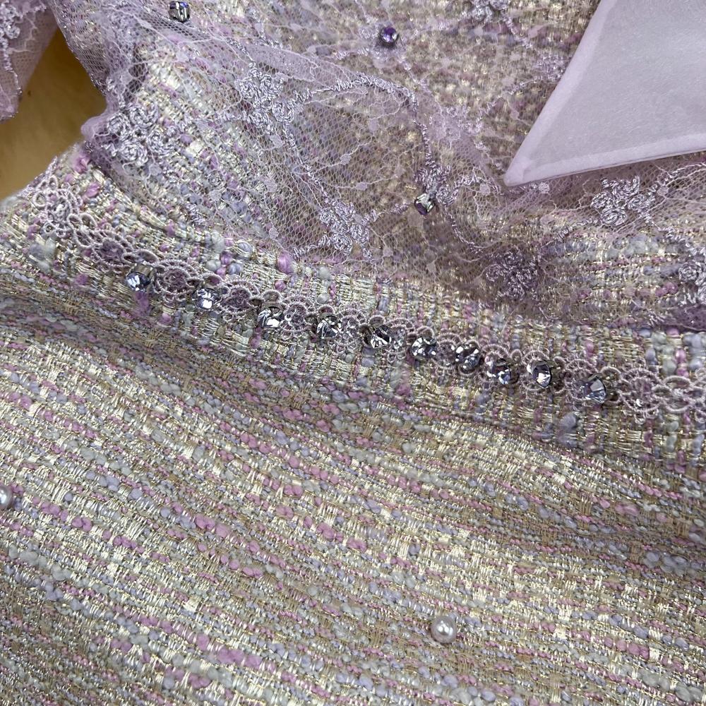 Весенне-осеннее женское элегантное фиолетовое сетчатое твидовое лоскутное праздничное платье с вышивкой и бантом, мини-короткие платья с бисером