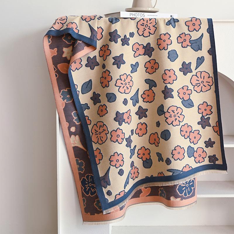 Japanese and Korean Cherry Blossom Flower Print Sweet and Fresh Ladies Imitation Cashmere Warm Scarf Cream Sweet Girl Shawl