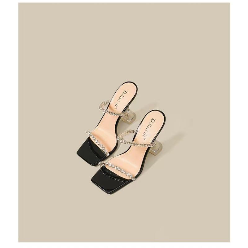 Новые летние пикантные модные женские сандалии с открытым носком, блестящие женские туфли на высоком каблуке с квадратной головкой и большим дизайном