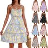 Womens Summer Casual Spaghetti Strap Sleeveless Dress Boho Tiered Ruffle Flowy Swing Short Beach Sundress