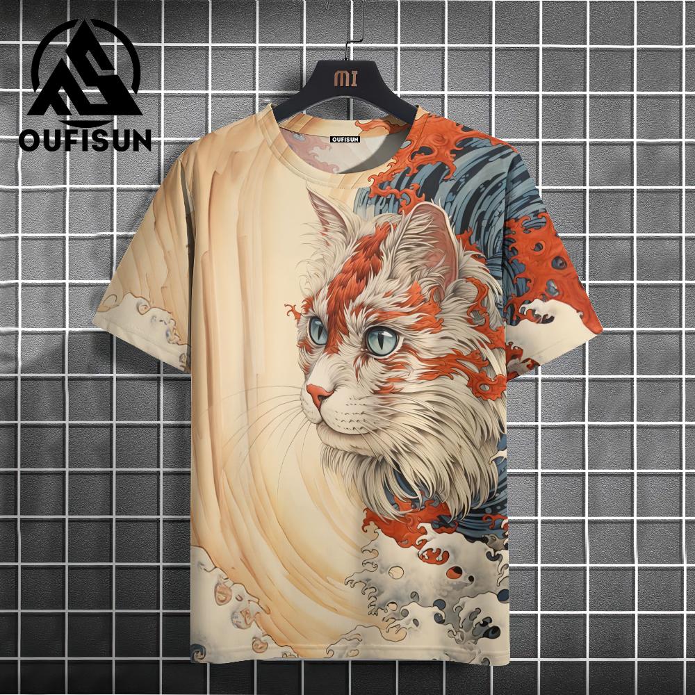 Men's T-shirt Japanese Style Ukiyo-e Cat Pattern Printed T-shirt