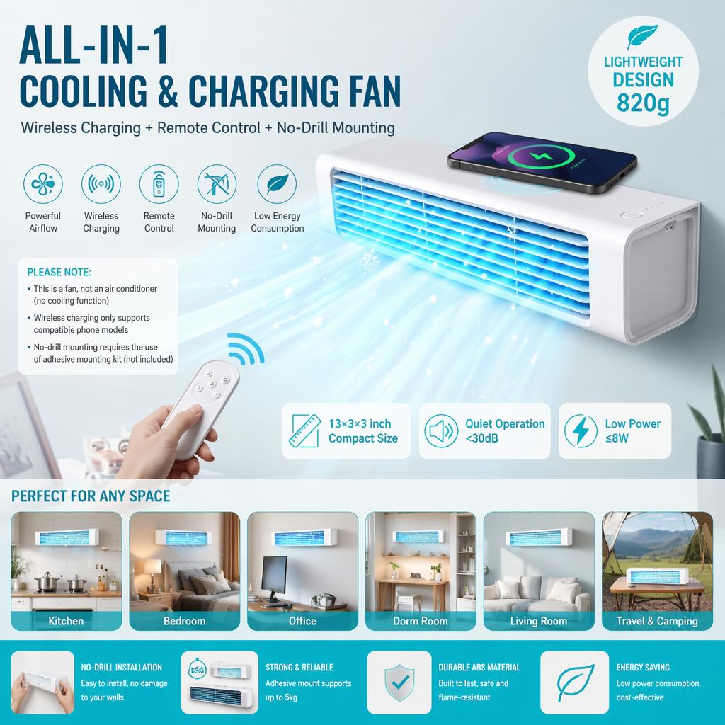 USB charging desktop wall-mounted fan office home wind fan white smart swing air charging model with remote control