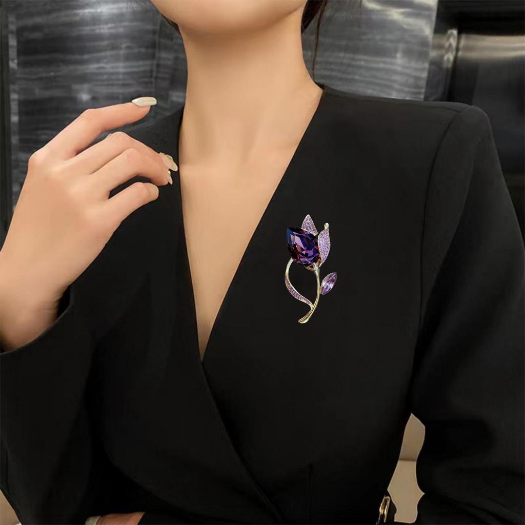 European Crystal Purple Tulip Brooch - Exquisite & Elegant Women's Corsage Pin for Coats and Jackets