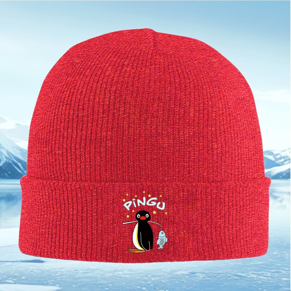 Pingu holding fish black background stars Men Women Unisex Knitted Hat Beanie Pullover Cap Winter Thermal Warm Christmas Outdoor
