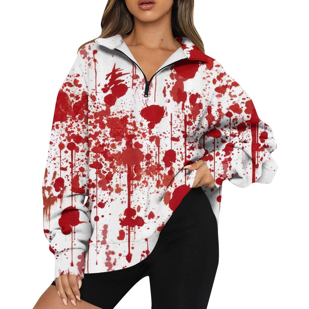 Women's Fashion Casual Long Sleeve Halloween Printed Zipper Turtleneck Drop Shoulder Sweatshirt Top