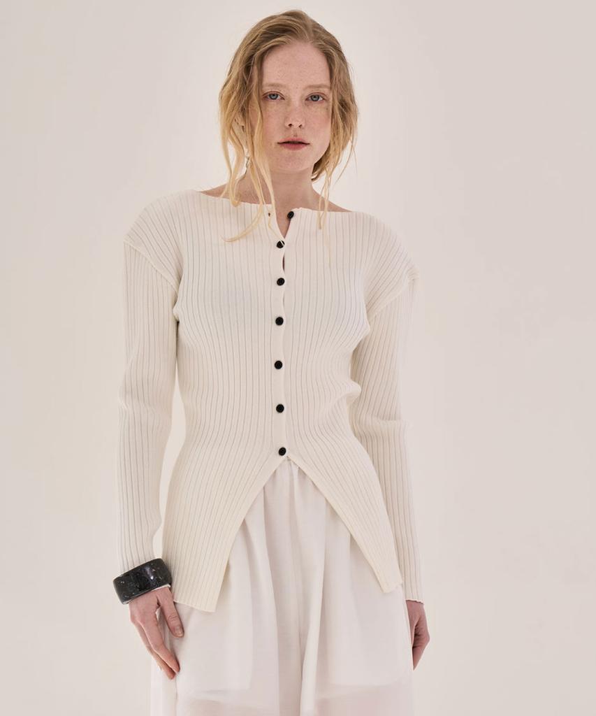 GRIDAJ Cotton Blended Boat Neck Cardigan _ Ivory