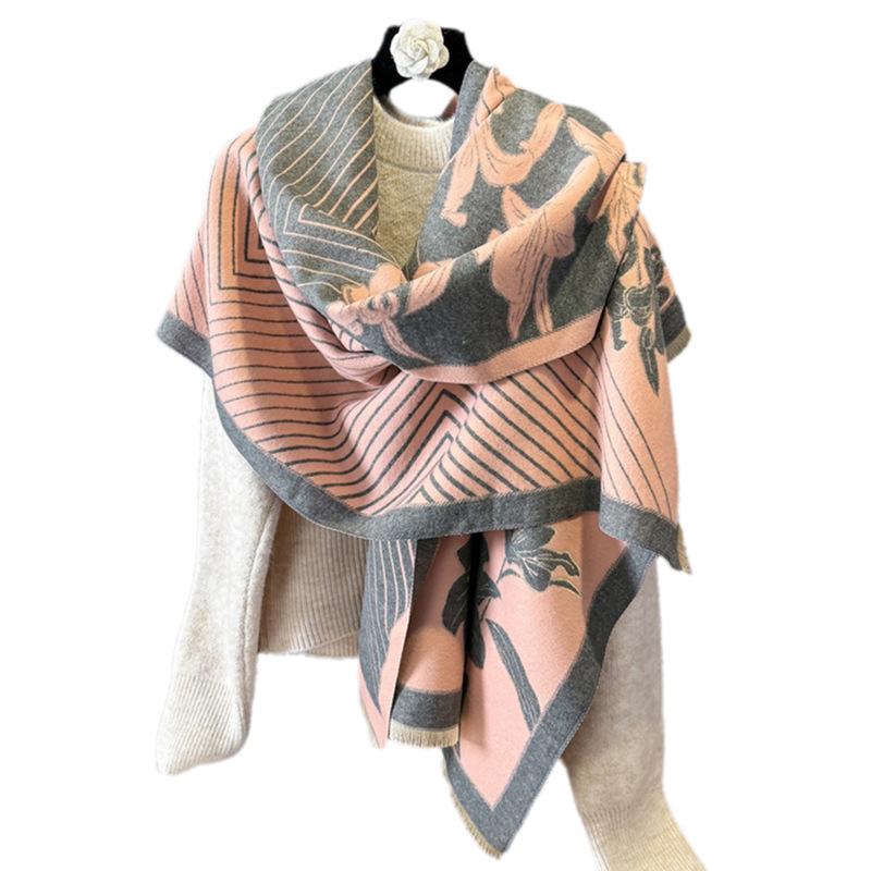 Camellia Contrasting Color Double-Sided Scarf Winter High-End Warm Shawl