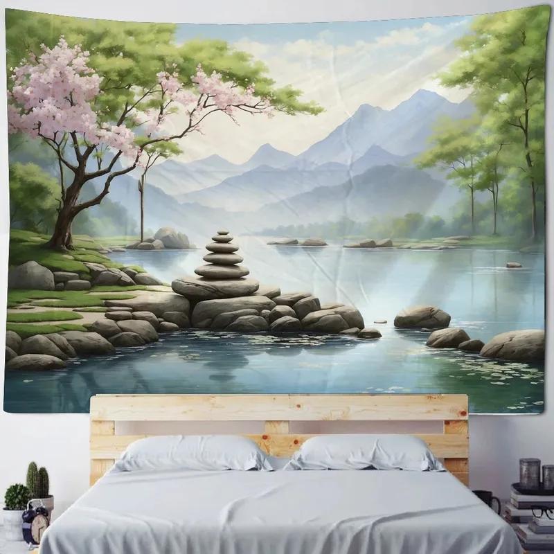 Украшение стены дома Гобелен Фон с изображением персикового цвета на берегу реки Гобелен для гостиной в офисе