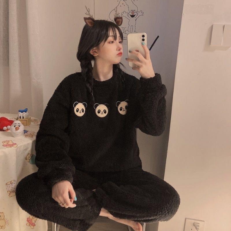 Утолщенная теплая большая размерная утепленная женская пижама на осень и зиму, топ и штаны, комплект из кораллового бархата, женский мультяшный медведь, 2 шт./комплект