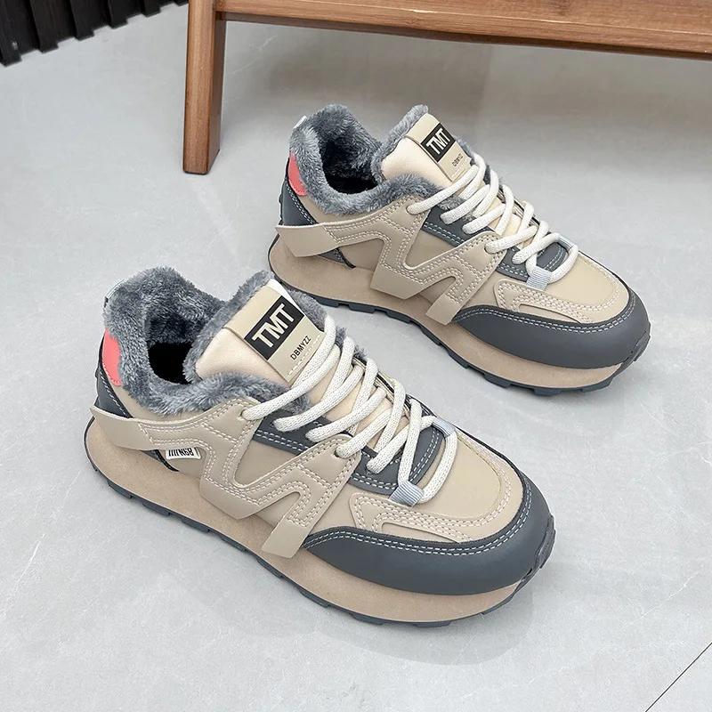 Пушистая теплая обувь для женщин 2024 года, зимние хлопковые кроссовки для студентов, повседневные кроссовки для бега, водонепроницаемые, для женщин, модные