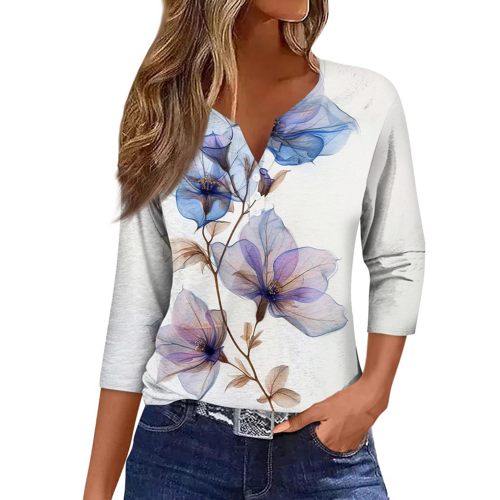 Женская модная повседневная футболка с коротким рукавом и V-образным вырезом, декоративными пуговицами и рукавом три четверти