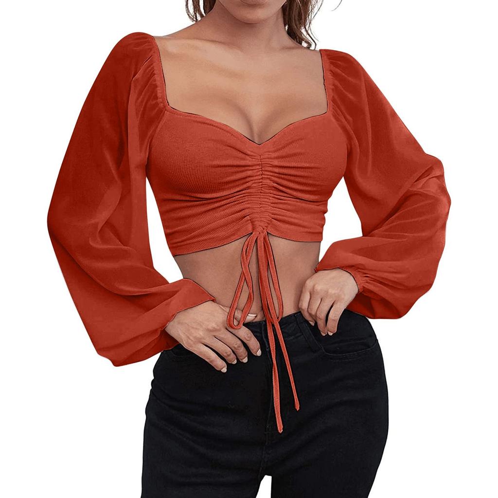 Ladies Casual Solid Color Square Neck Pullover Mesh Splicing Sexy Fashion Top