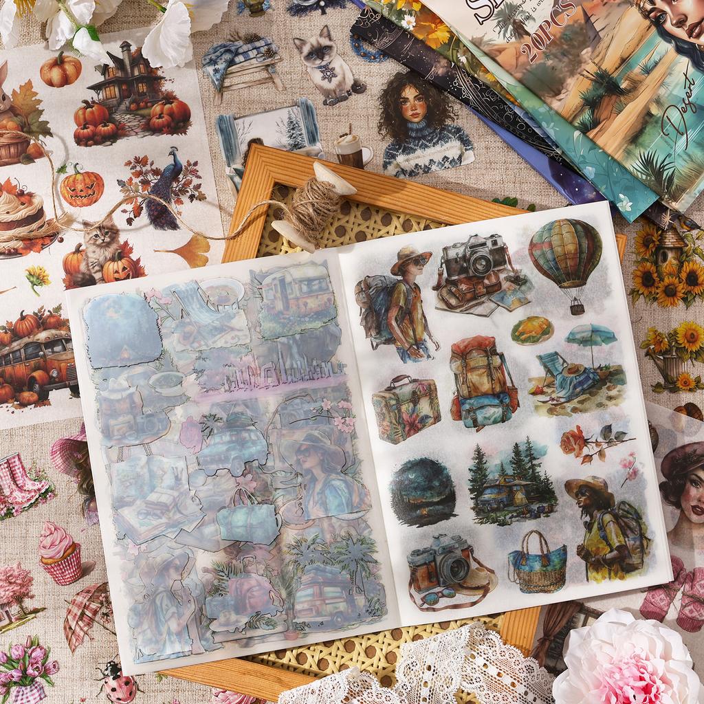 20 Sheets Retro Flower character PET Die cut Stickers book Handmade Decorative Scrapbooking Account Creative Stationery Supplies