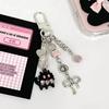 1Pc Korean Y2K Black Pink Cat Bow Pendant Beaded Metal Mobile Phone Lanyard Cute Sweet Cool Girl Car Key Chain Hand Bag Pendant