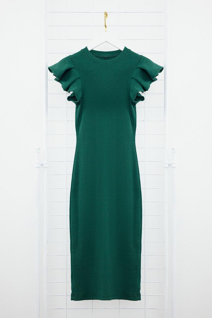 Women's Style Dress Green Ribbed Sleeves Flounce Midi Knitted Dress