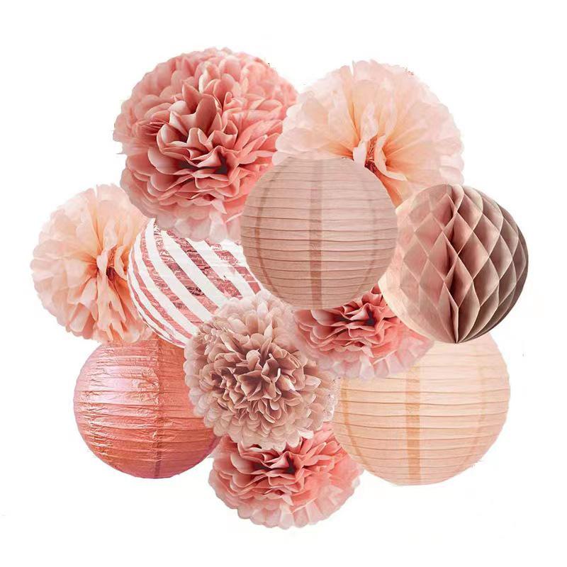 Rose Gold Paper Décor Set: Flower Stamped Lanterns & Honeycomb Balls for Parties