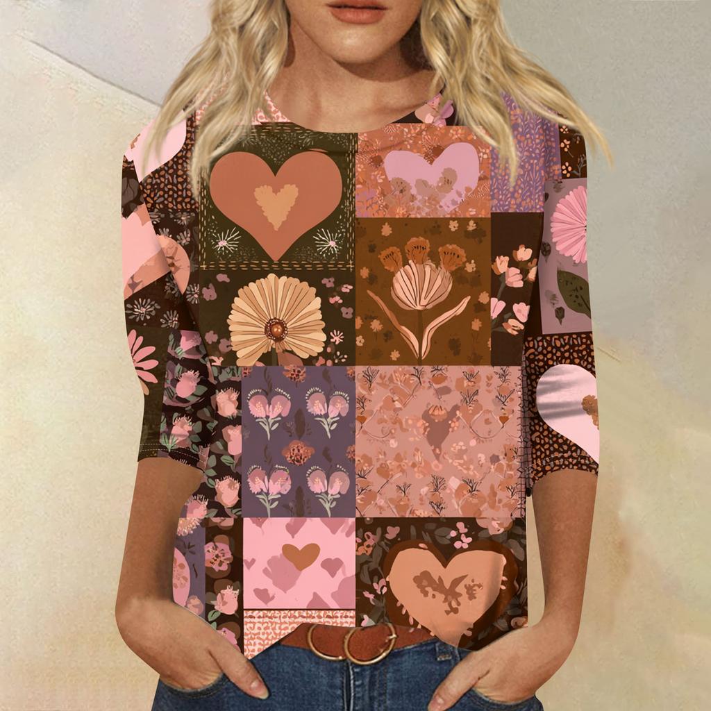 Women's Fashion Casual Round Neck Three-quarter Sleeve Retro Floral Print T-shirt Top