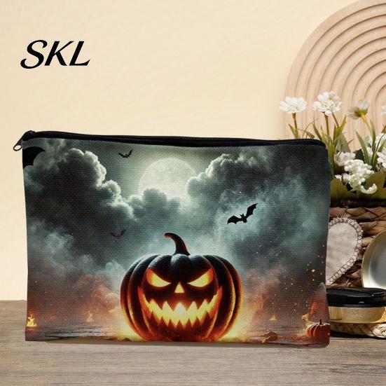 Large Capacity Pencil Pouch Halloween Storage Bag, Cosmetic with Pumpkin Small Toiletries Organizer Castle Skull Print, Smooth Zipper Thickened Canvas