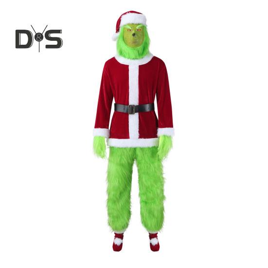 1 Set Christmas Costume Includes Top Pants Hat Belt Gloves And Shoe Cover Green Cartoon Furry Animal Cosplay Santa Performance Drama Stage Opera