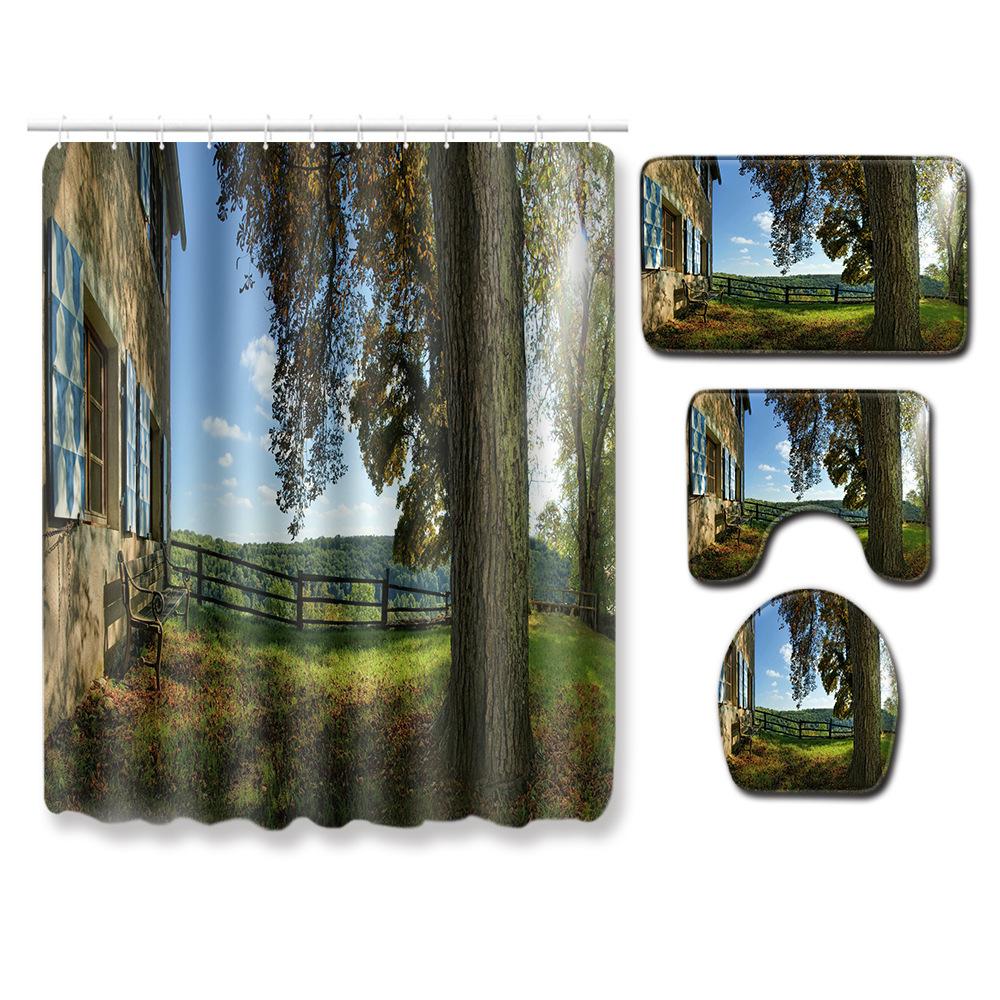 Landscape Shower Curtain Floor Mat Combination Four-Piece Set Bathroom Floor Mat Household Door Mat Bedroom Living Room Carpet